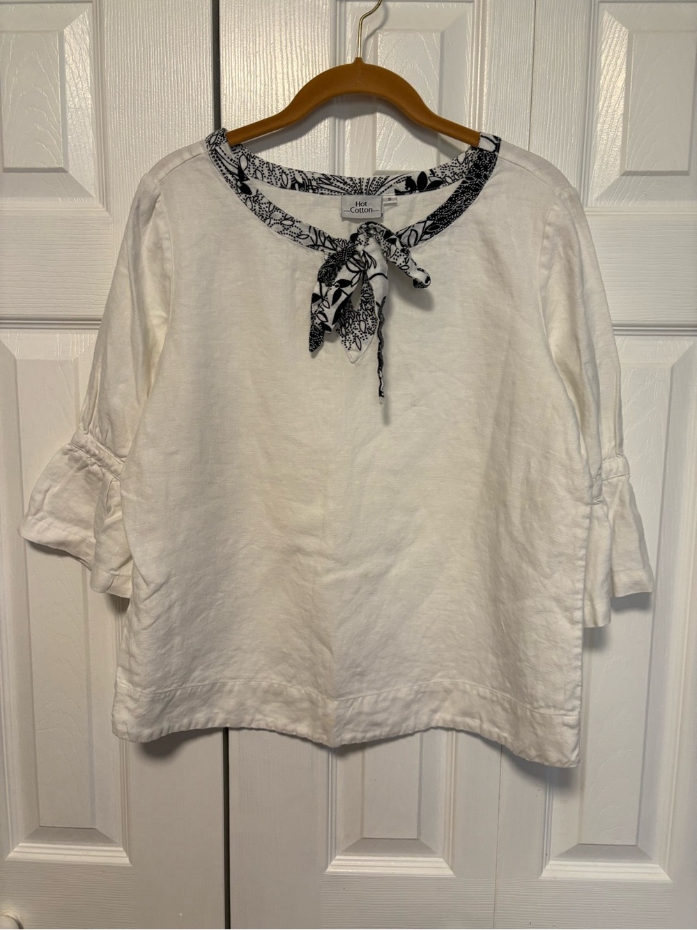 Hot Cotton White Linen Tie-Neck Blouse with Black Floral Trim - see size comment
